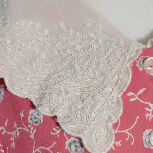 Vintage 80s 90s Pink Floral Dress Lace Peter Pan Collar Beetlejuice Cottagecore - Picture 5 of 13
